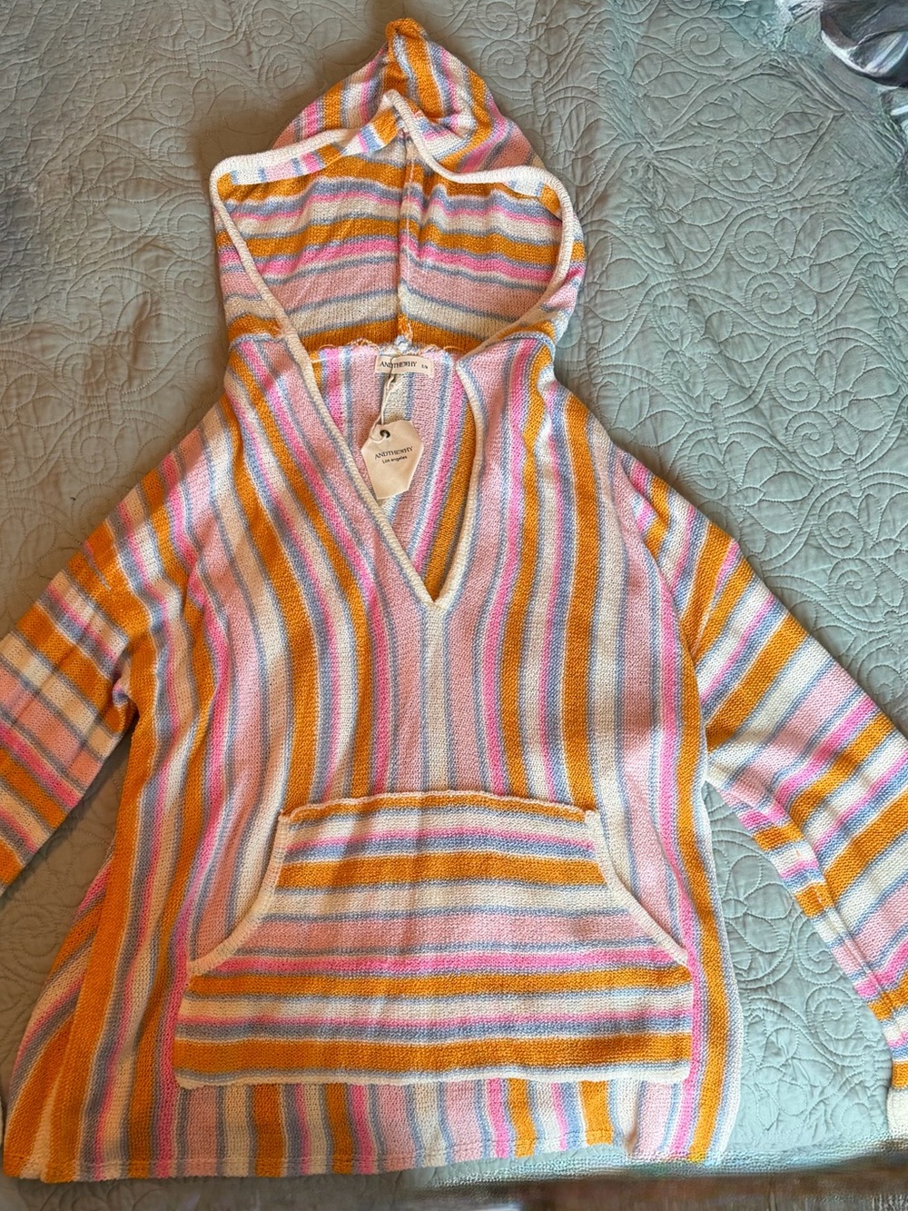 NWT Andthewhy Striped Knit Hooded Sweater Bell Sleeve S/M Boho